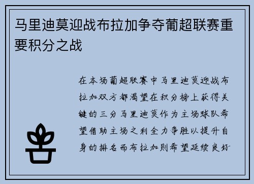 马里迪莫迎战布拉加争夺葡超联赛重要积分之战